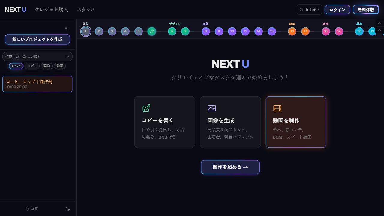 左側でプロジェクト、上部で工程を管理 — NEXT U Studio